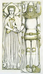 La tumba de Arderne, Iglesia de San Pedro, Elford, Staffordshire, Inglaterra, 1848-9 (grabado coloreado a mano)